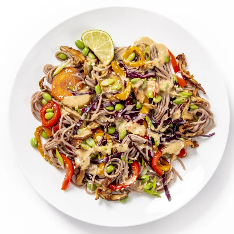 Sesame soba noodle salad with edamame, cabbage and lime